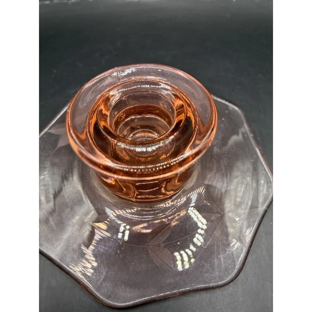 Vintage Pink Depression Glass Pillar Candle Holder Etched Floral Design